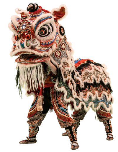 Imagen de una persona con un disfraz de un leon haciendo la danza del leon, baile tradicional de China.